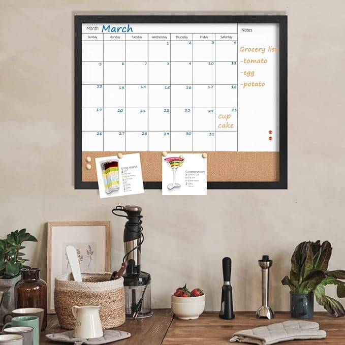 Dry Erase Calendar Whiteboard for Wall, 17.7" x 21.6" Combination Magnetic Dry Erase White Board & Bulletin Board, Black Frame Calendar/Cork Combo Board(BK-4555-B)