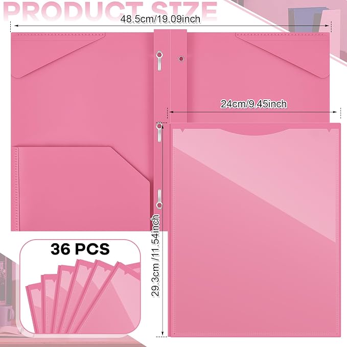 Henoyso 36 Pcs Plastic Folder with Clear Front Pocket and 3 Prong Plastic Folders with Card Slot Pocket Folders with Prongs for School Office (Pink)