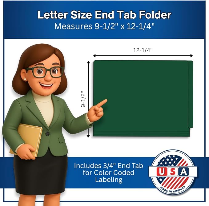 Dark Green File Folders, Doctor Stuff, Letter Size Reinforced End Tab Folder with 2" Bonded Fastener on Inside Front and Back, 14 pt Stock, Carton of 250