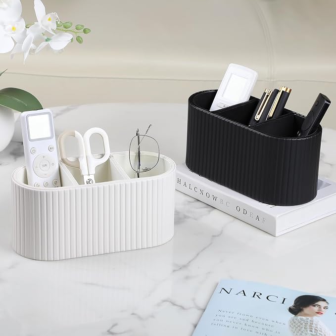 Oval Pen Holder for Desk, Remote Control Holder with 3 Compartments, PU Leather Small Desk Organizer Remote Caddy, Aesthetic Pencil Holder Desk Accessories for Home Office (Black)