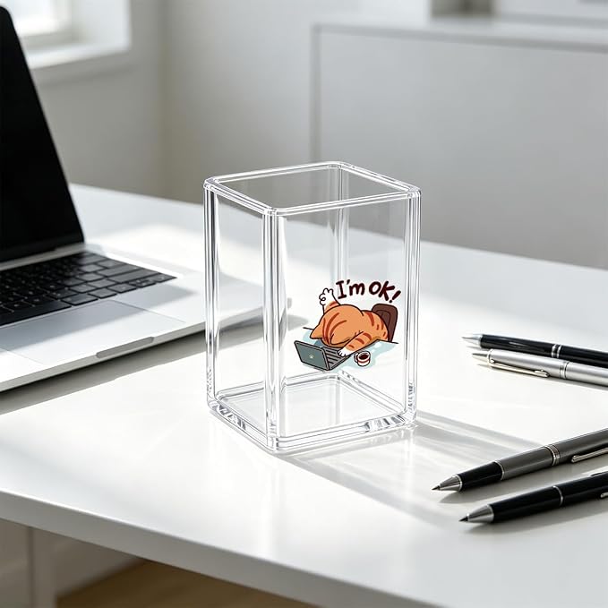 Funny Cat Pen Holder For Desk - I'M Ok Tired Cat Pencil Cup Clear Acrylic Makeup Brush Holder, Sarcastic Office Decor, Relatable Workplace Humor Desktop Organizer, Cute Coworker Gag Gift