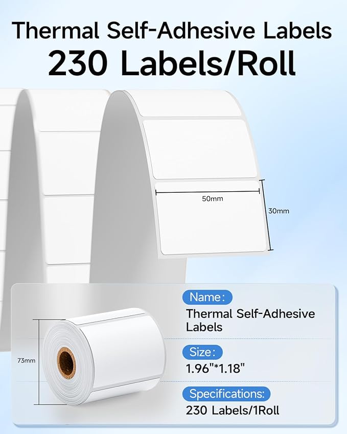 M110 Thermal Labels - 1.96"X1.18" (50X30MM), Compatible with Label Maker Machine M100/ M110/M220/ M250/ M221/M421/241BT/243BT, Multi-Purpose Adhesive Thermal Labels, Black on White, 230 Labels/Roll