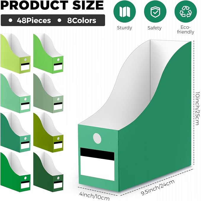 Jutom 48 Sets Magazine File Holders Foldable Cardboard Magazine Holder with White Label Stickers Desktop File Storage Box for Office Home Classroom Desk Document Organization(Green)