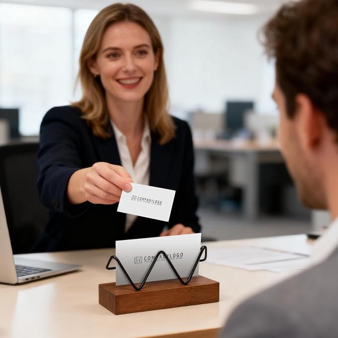 2 Pack Wood Business Card Holder for Desk, Wooden Business Name Card Display Stand Postcard Holder for Office Home Desktop,Desk Accessory Business Name Card Organizer(Walnut Color, Black)