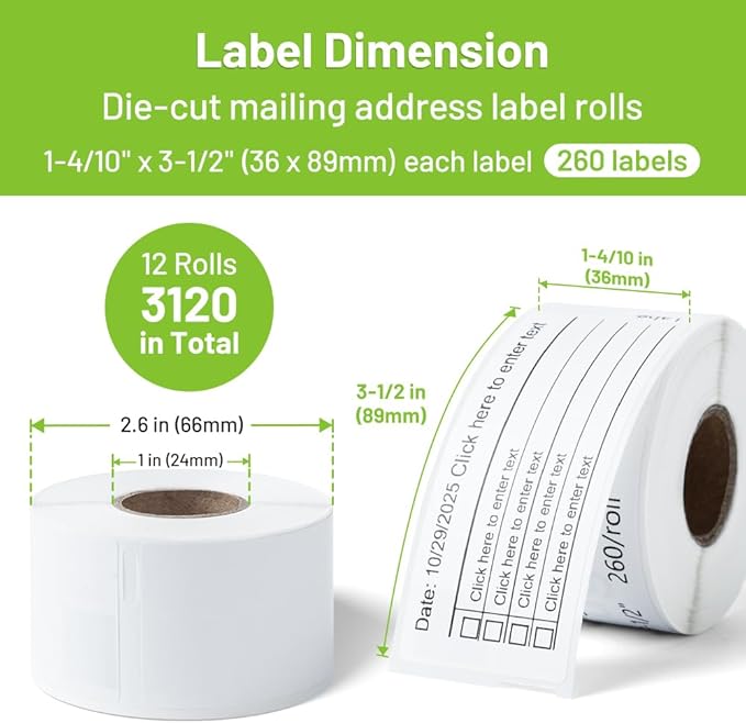 12 Rolls Compatible with Dymo 30321 (1-4/10" x 3-1/2") Address Label Refills for LabelWriter 400 450 Duo Twin Turbo 4XL Printer (36 x 89 mm, 260/Roll)