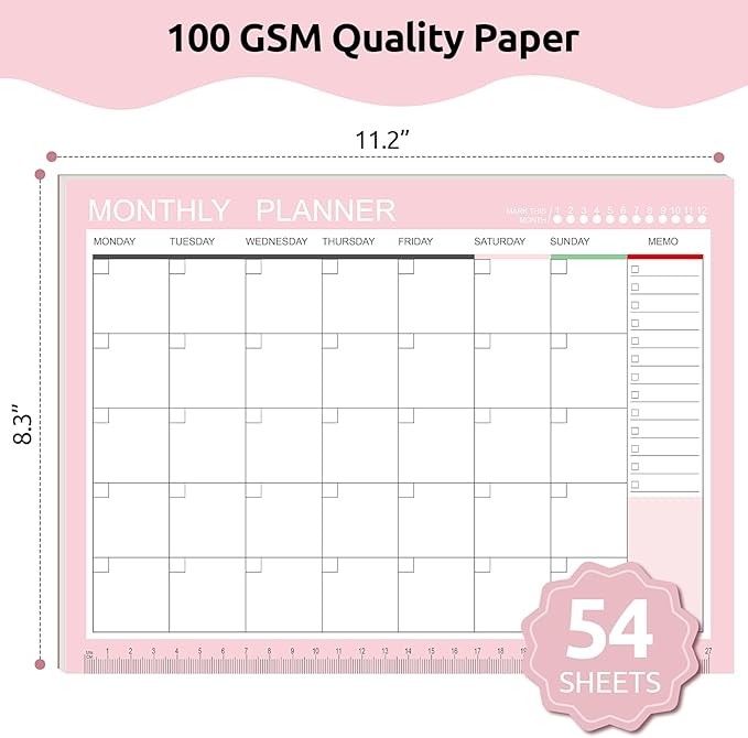 Phyxin Undated Planner, 54 Sheets Blank Calendar, 11.2" x 8.3" Monthly Calendar Planner, Tear Off Undated Monthly Planner with Memo for Women, Students, Teachers, Pink