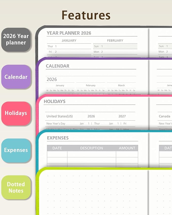 2026 Pocket Calendar by YihurKis - Weekly and Monthly Planner, 3.5'' x 6'', 2026 Purse Planner with Pen Holder, Leather Hard Cover, Inner Pocket For Men & Women - Blue