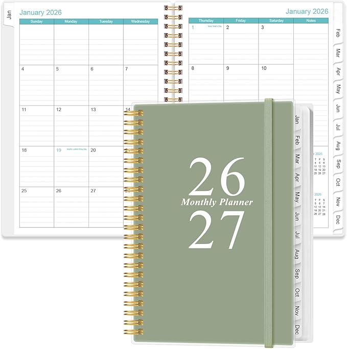 2026-2027 Monthly Planner - January 2026 - June 2027, Two Pages Per Month, 18 Monthly Calendar/Planner with Tabs, Inner Pocket, 6.4" x 8.5", Green
