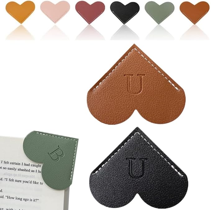 Personalized Leather Heart Bookmark, 26 Letters Customized Corner Book Mark for Reading Women, Book Marker with Initials，Cute Gifts (Black+Dark Brown, U)