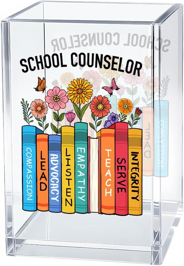 School Counselor Acrylic Pen Holder Cosmetic Organizer, Fun Pencil Pen Holder for Desk, Reading Nook Accessories for Teacher, Back To School Appreciation Gifts for Counselor Psychology Therapist