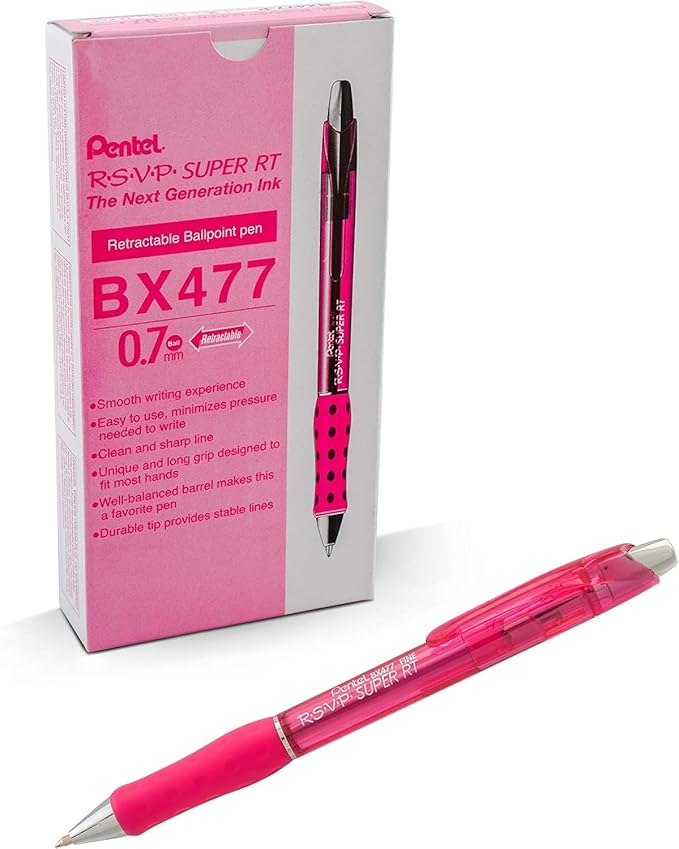Pentel RSVP Super RT Ballpoint Pen, (0.7mm) Fine Line, Pink Ink, Box of 12 Pens (BX477-P)