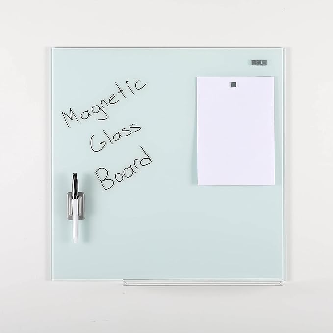 M&T Displays Wall Mounting Tempered Glass Dry Erase Write On Board Set Clear with Whiteboard Marker 4 Magnetic Pins for Office School Home Kids (13.78x13.78 inch)