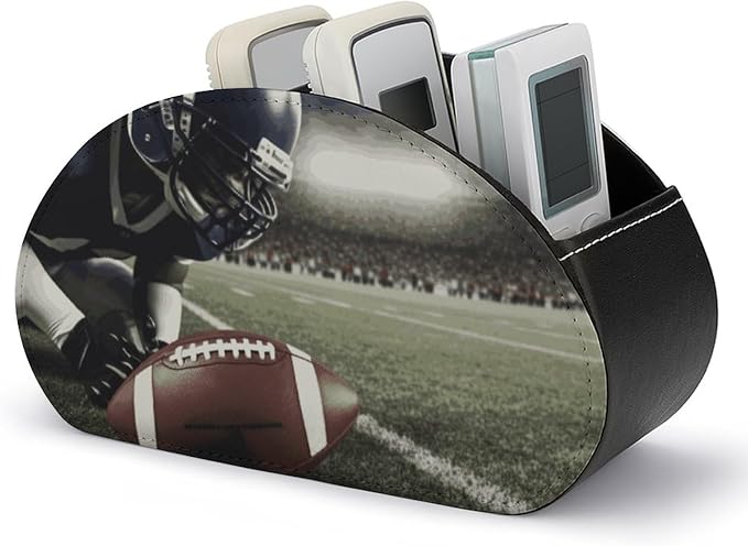 American Football Remote Control Holder with 5 Compartments Leather TV Remote Caddy Remote Storage Box Desktop Organizer for Pen/TV Remotes/Media Controllers/Office Supplies