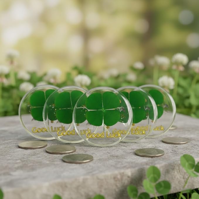 Real Four Leaf Clover Good Luck Pocket Token, Preserved Flower Resin Charm Gold Silver Foil, Real Clover for Wallet, Purse, Bag (Round Good Luck)