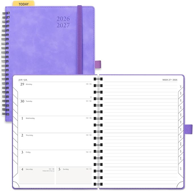 POPRUN Weekly Planner 2026-2027, 6.5" x 8.5", (July 26-June 27) Academic Weekly and Monthly Planner, Calendar Notebook 2026-2027 Agenda for School, College, Spiral Leather Softcover - Lilac