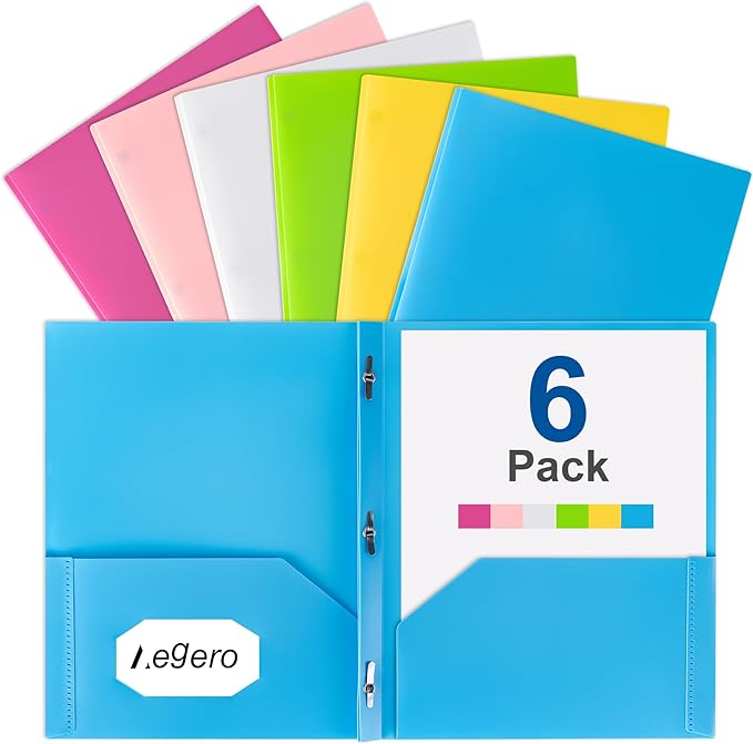 Aegero Folders with Pockets and Prong with Fasteners (6 Pack,Fresh Color),Durable Plastic Pocket Folders with Prongs,Tear Resistant,2 Pocket 3 Prong Folders for Schoolwork & Office,Letter Size