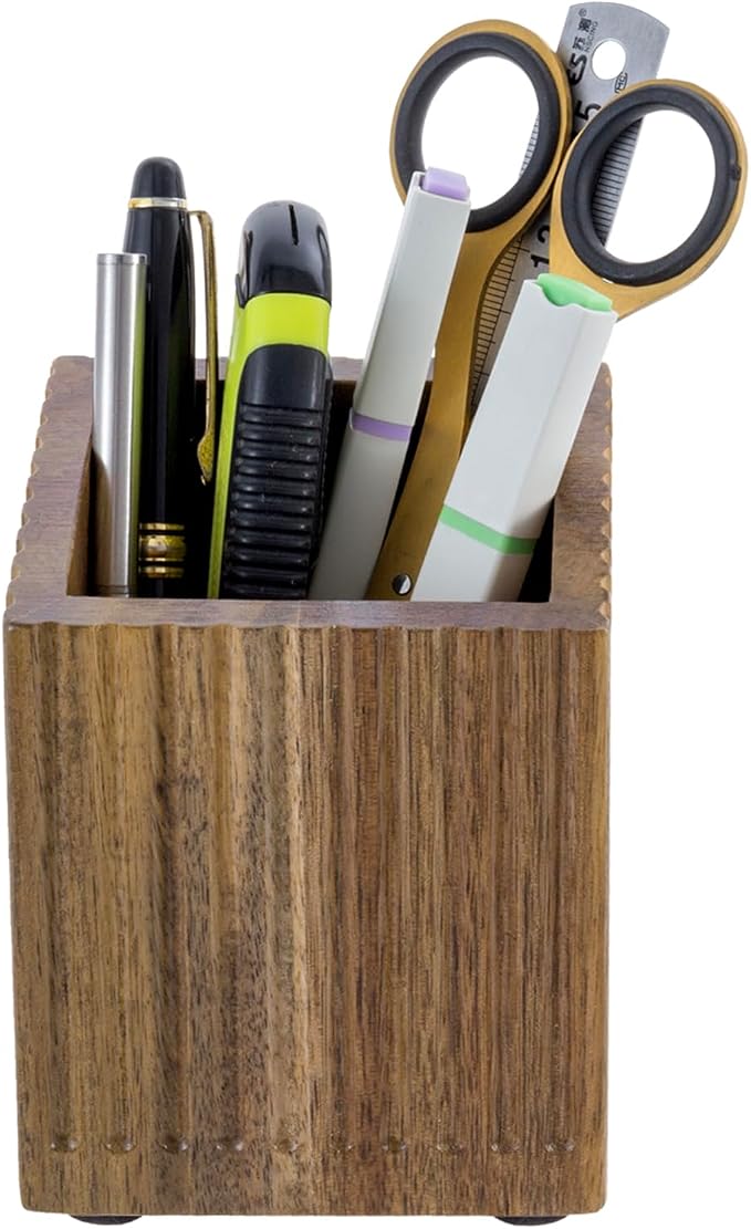 MyGift Premium Acacia Solid Wood Pen Pencil Cup with Textured Fluted Design, Desktop Wooden Office Supply Organizer Holder
