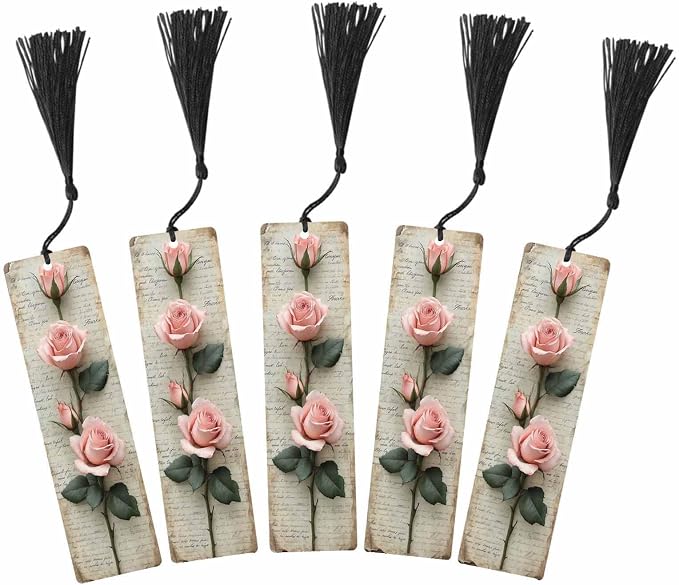 Pink Rose Bookmarks 5 Pcs Vintage Paper Romantic Flower Branches Wooden Bookmark with Tassels for Reading Book Lovers Gift Office School Readers Teacher