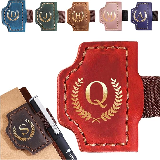 Personalized Mark Bookmark with Pen Holder, Leather Magnetic Book Marker 26 Letters,Custom Initials Page Marks, Gifts for Book Lovers Readers Men Women (Red, Q)