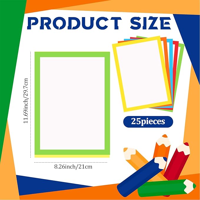 Dianelhall 25 Pcs Rainbow Color Frame Poster 8.3 x 12 Inch White Paper Colorful Bright Blank Display Board for School Project Kid DIY Craft Presentation Holiday Event