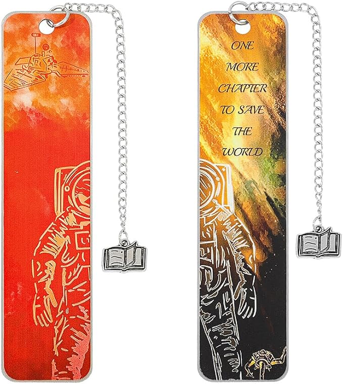 Project Hail Mary Inspired Metal Bookmark with Chain, Double-Sided Printed Stainless Steel Bookmark, Space Astronaut Design, Book Charm Pendant, Reading Gift for Sci-Fi Fans, Book Lovers(Project B)
