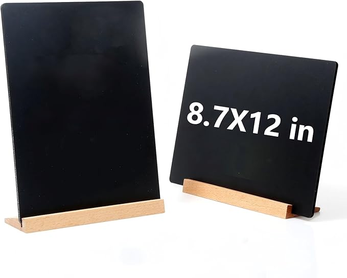 2 Pack 8.6x11.7 in Small Chalkboard Signs with Wood Base for Tabletop Decor Double Sided Mini Chalkboard for Restaurant Food Menu, Message Board, Wedding Party