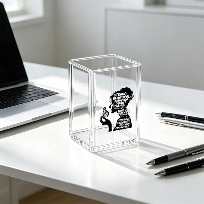 Inspirational Acrylic Pen Holder for Desk Strong Beautiful Amazing Woman Quote Clear Makeup Brush Holder Aesthetic Office Decor & Desktop Organizer, Motivational Gift for Women, Girl Boss