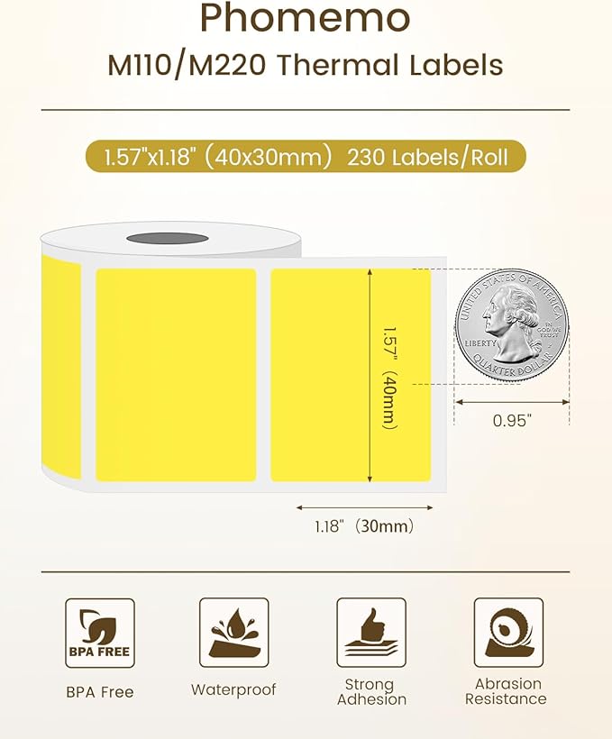 Phomemo Labels M110 -Sticker Labels for M110/M100/M220/M221/M108 Label Printer,1.57"x1.18"(40x30mm), 230 Labels, for Small Business, Home, Office, Black on Yellow