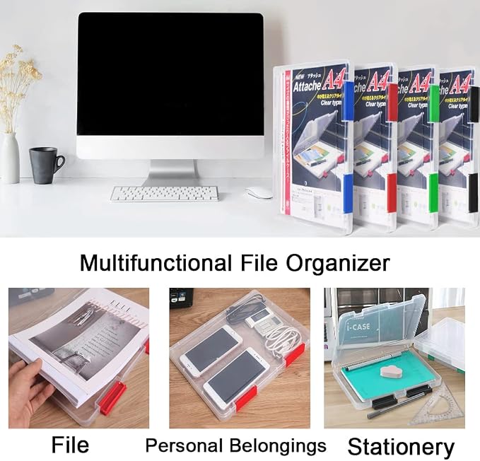 Marte Vanci 4 Pack Clear File Box with 2 Buckles Plastic Storage Box for A4 Paper, Portable Project Case for Documents, Magazines Paper Protector Black+Blue+(Green or White)+Red