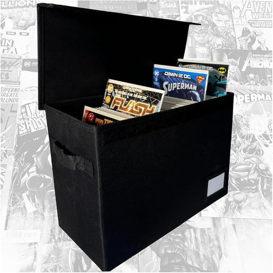 Comic Book Storage Box With Divider Built In (Removable)- Black Comic Book Box, Water Resistant, Holds 150 Comic Books, Full-length Velcro Flip-Top Enclosure, Comic Book Storage Box label pocket