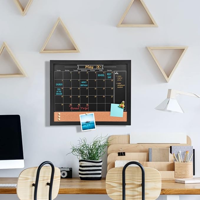 Chalkboard Calendar and Bulletin Combo Board. 13" x 17" Black Wooden Frame，Magnetic Chalkboard.Perfect for Office, Home School Message Board,HBZHB-BK3442-US