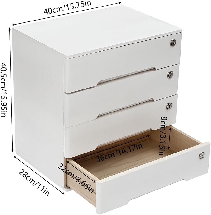 4-Tiers Wooden Desktop Storage Box with Lockable Drawers, Office Supplies File Organizer, Flat File Cabinet Store Stamps, Sticky Notes, Paper Clips, Scissors, for Office, Study, White