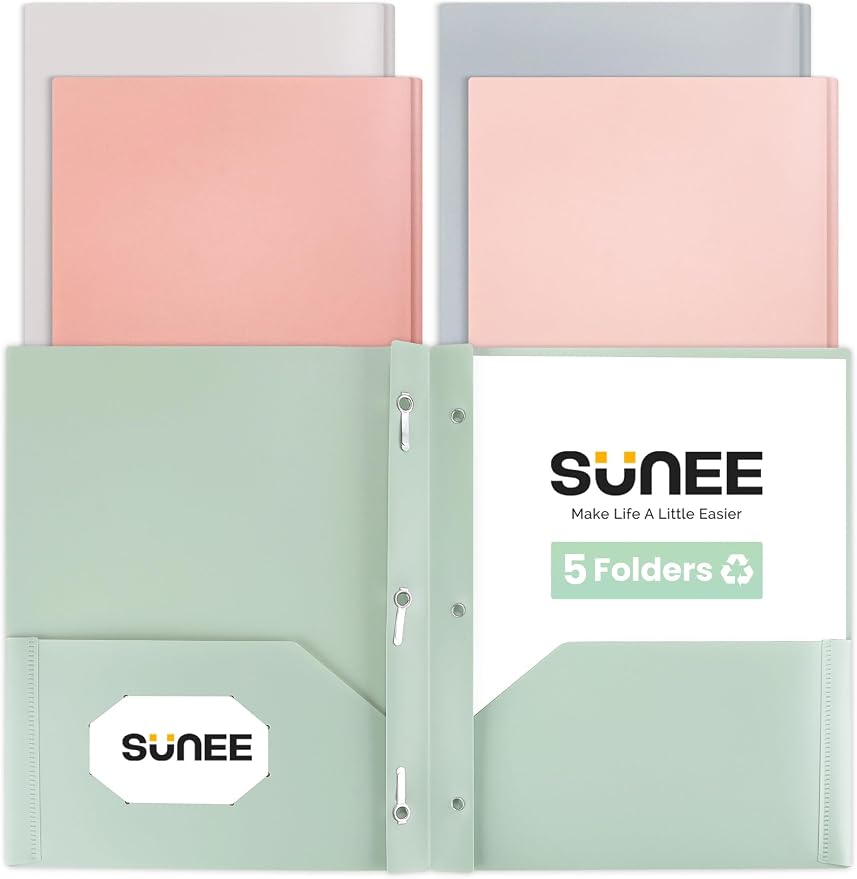 SUNEE Pocket Folders with Prongs(5 Pack, Vintage Colors) Recycled Plastic Folders with Pockets and Prongs Fit Letter Size, Poly Folders with Pockets for School Office Home