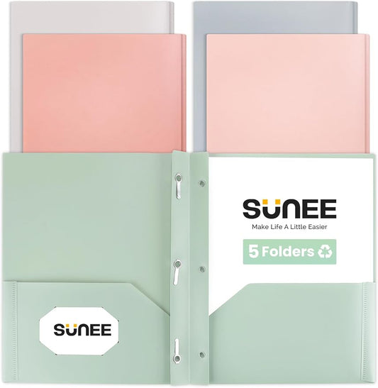 SUNEE Pocket Folders with Prongs(5 Pack, Vintage Colors) Recycled Plastic Folders with Pockets and Prongs Fit Letter Size, Poly Folders with Pockets for School Office Home