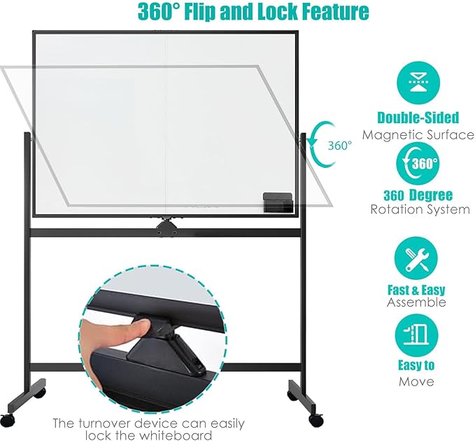 BIBOC Rolling Stand White Board 32×48 Inches, Double Sided Mobile Dry Erase Board with Aluminum Frame, 360° Rotating Dry Erase Whiteboard for Home Office Classroom (WHITEBOARD, 32×48 inches)
