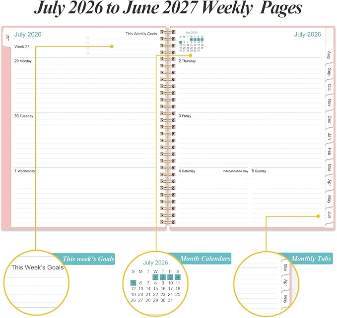 2026-2027 Planner - 8.5" x 11" Weekly Monthly Planner from July 2026 to June 2027 with 12 Monthly Tabs, Inner Pocket, Elastic Closure, Pink