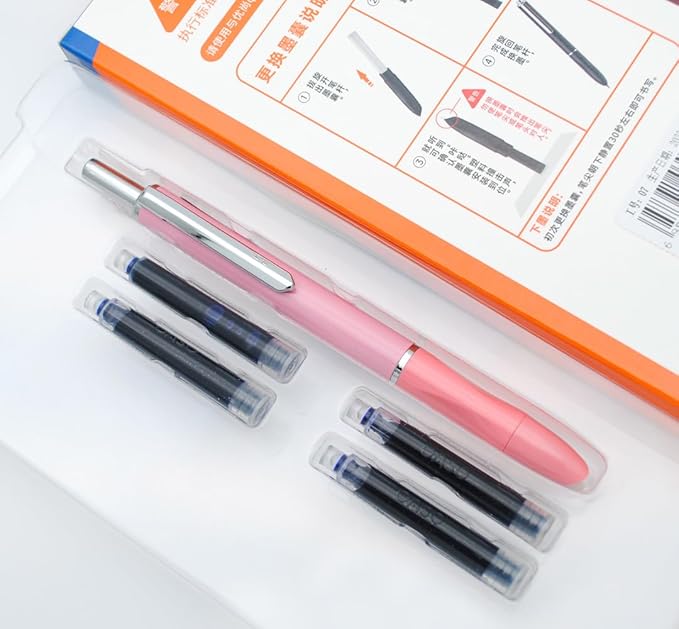 OASO K016 Retractable Fountain Pen Set 0.5mm with 4pcs Blue Ink Cartridges Smooth Writing for School Students (Coral Pink)