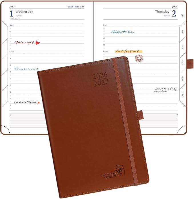 POPRUN Daily Planner 2026-2027 One Page per Day, (A5 Size 5.7" x 8.5") Academic Planner (July 2026 - June 2027) Hourly Appointment Book with Vegan Leather Hardcover, Monthly Tabs & Inner-pocket - Brown