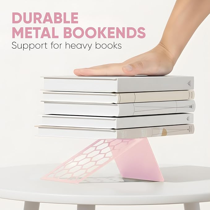 Pink Geometric Honeycomb Metal Bookends - Book Ends for Shelves - Decorative Modern Heavy Duty Bookend Stopper - Book Ends for Heavy Books - Home Office Book Holder - 1 Pair, 6x3.25x6.25 in