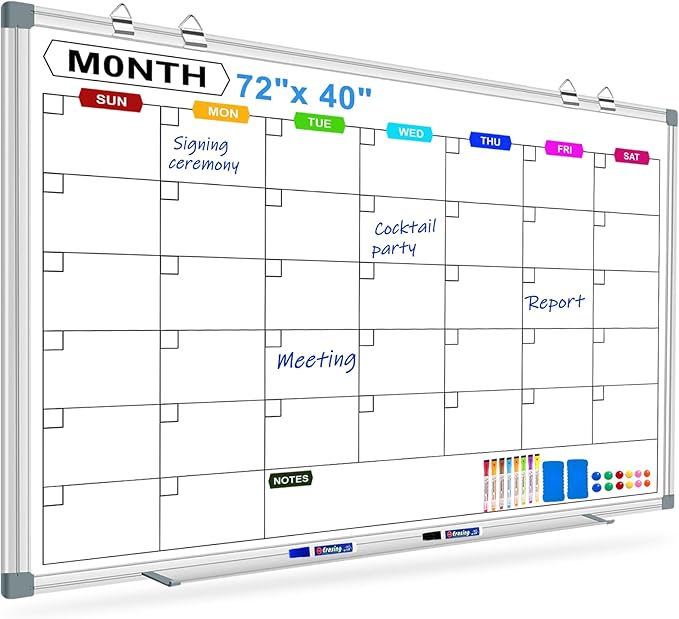 Large Monthly Calendar Whiteboard for Wall 72" x 40", Dry Erase Board Calendar for Wall Mounted Board, Office White Board Monthly Planning Board Bulletin Board for School, Home Use