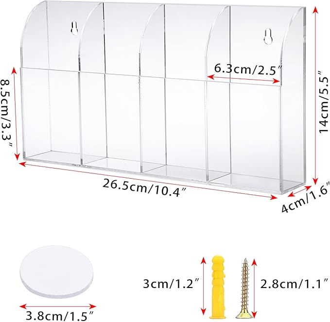 Hipiwe Wall Mount Remote Control Holder Clear Acrylic Media Organizer Remote Control Caddy Wall Pencil Holder Storage Box for Remote Control, Pens, Makeup, Key (4 Compartments)