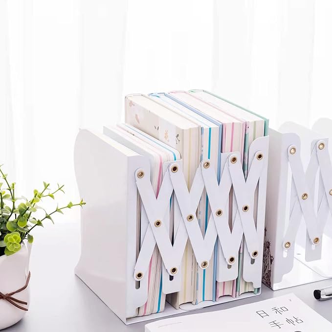 Adjustable Metal Bookends Heavy Duty for Shelves, 2 Dividers, Anti-Slip Design Expandable Book Ends for Desk, Office(White, 19 inches Max)
