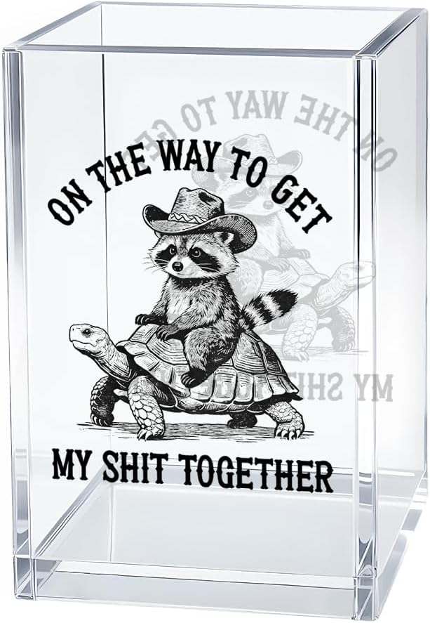 On The Way To Get Acrylic Pen Holder Cosmetic Organizer, Funny Raccoon Turtle Pen Pencil Holders for Desk, Desk Accessories Sarcastic Office Gifts for Coworker Raccoon Lover Teacher Friend