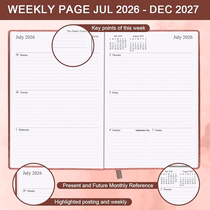 2026-2027 Planner - Weekly & Monthly Planner Runs from July 2026 to Dec 2027, 5.8" x 8.25", 18 Month Planners, 14 Notes Pages, Inner Pocket, PU Leather Hard Cover, Brown Monthly Planners 2026-2027