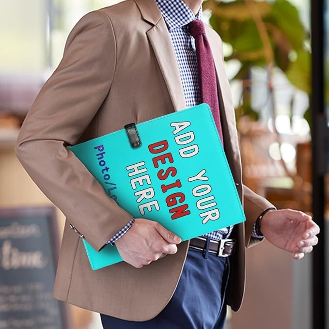 Professional Padfolio with Clipboard, Business Resume Portfolio Folder, Leather Notepad Portfolio Organizer with Logo Text Picture, Cyan