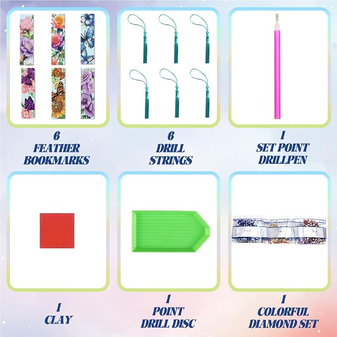 6Pcs Flower Butterfly 5D Diamond Art Bookmarks Sunflower Paeony Roses Floral Diamond DIY Painting Bookmarks Rhinestones Beaded Acrylic Tassel Bookmark for Adult Beginner Crafts