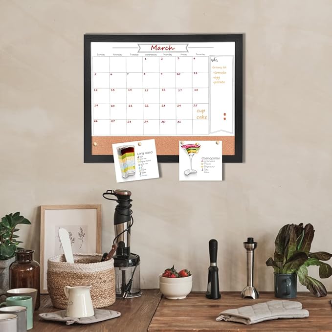Monthly Calendar Dry Erase White Board & Cork Bulletin Board，13" x 17" Black Wood Frame，Magnetic Surface Whiteboard.Perfect for Organizing Your Space.Whiteboard+Cork-3442A-BK