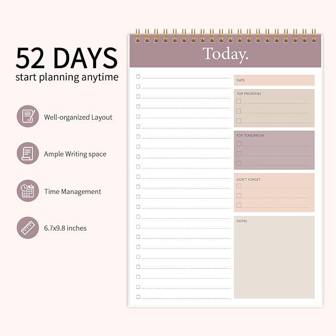 KMQOY To Do List Notepad - 3 Pack Daily Planner Pad Undated 52 Sheets Spiral Today Planner Note Pad Premium Thick Paper 6.5" x 9.8" For Work and Personal Organized(Brown)
