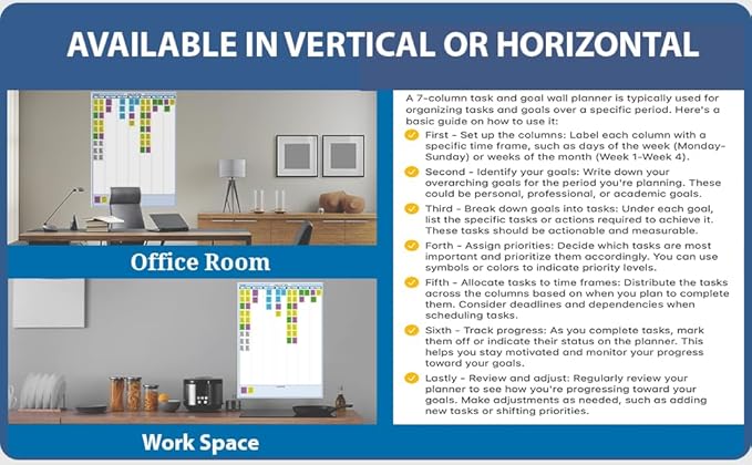 Sky Blue 7-Column Task, Goals & Objective Wall Vertical Organizer 48" x 32". Complete with Marker