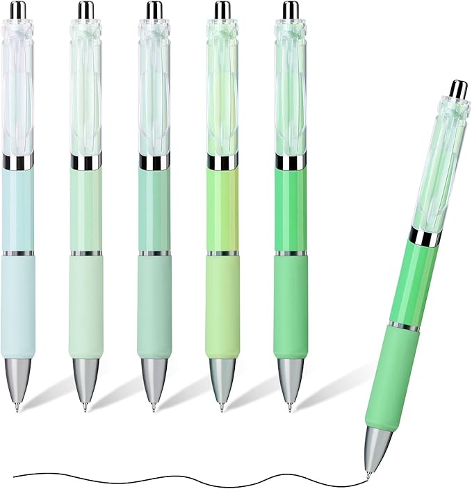 Temiary 5 Pcs Retractable Gel Pens, 0.5 mm Black Ink Fine Point Quick Dry Gel Ink Pen, Aesthetic Smooth Writing for School Office Journaling Note Taking and Sketching (Green)